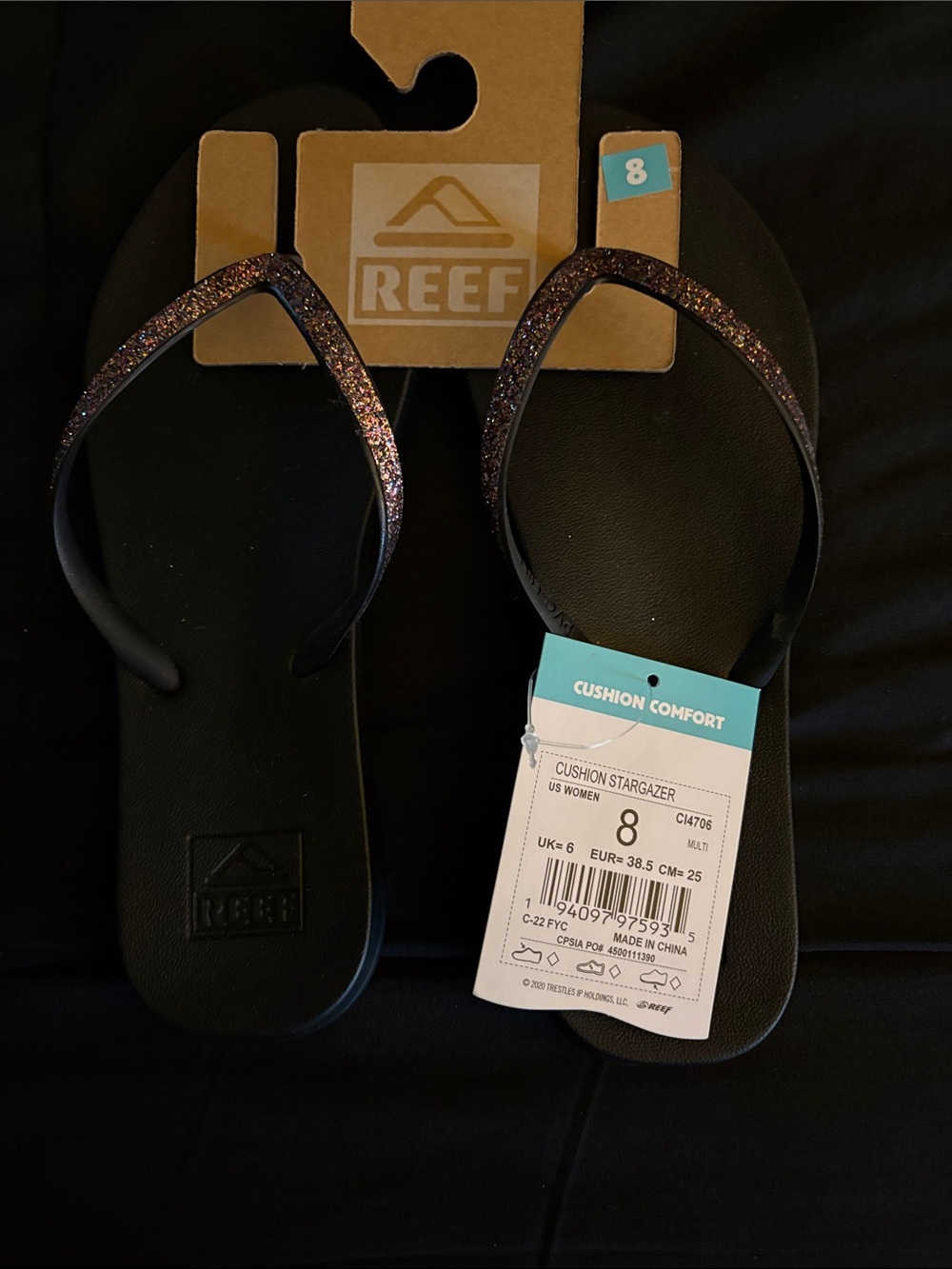 Reef Women's Black Flip Flops with Iridescent Glitter Straps